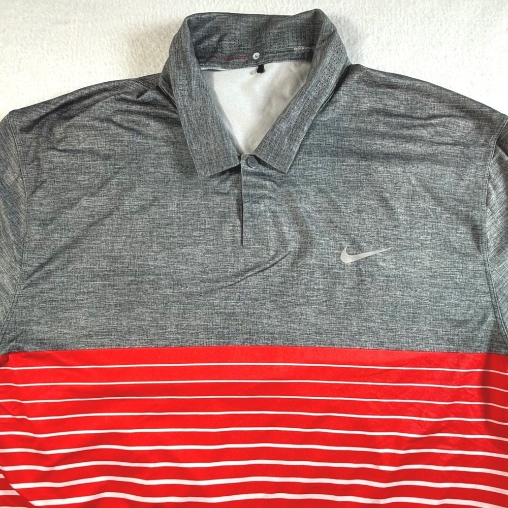 Nike‎ Tiger Woods Collection Polo Mens Large Dri-FIT Striped Colorblock Gray Red